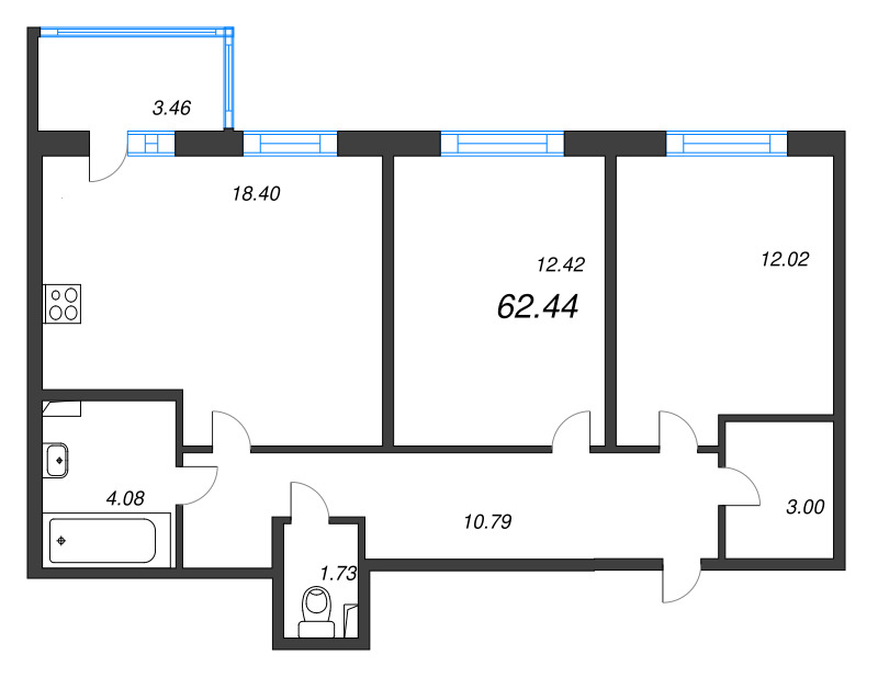 3-комнатная (Евро) квартира, 62.44 м² в ЖК "Любоград" - планировка, фото №1
