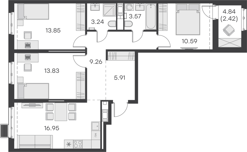 4-комнатная (Евро) квартира, 79.62 м² в ЖК "GloraX Балтийская" - планировка, фото №1