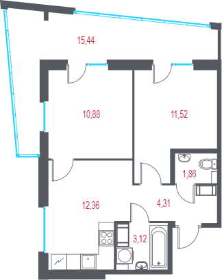 2-комнатная квартира, 48.68 м² в ЖК "Город-спутник Южный" - планировка, фото №1
