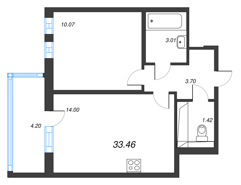 1-комнатная квартира, 33.46 м² в ЖК "Аэросити" - планировка, фото №1