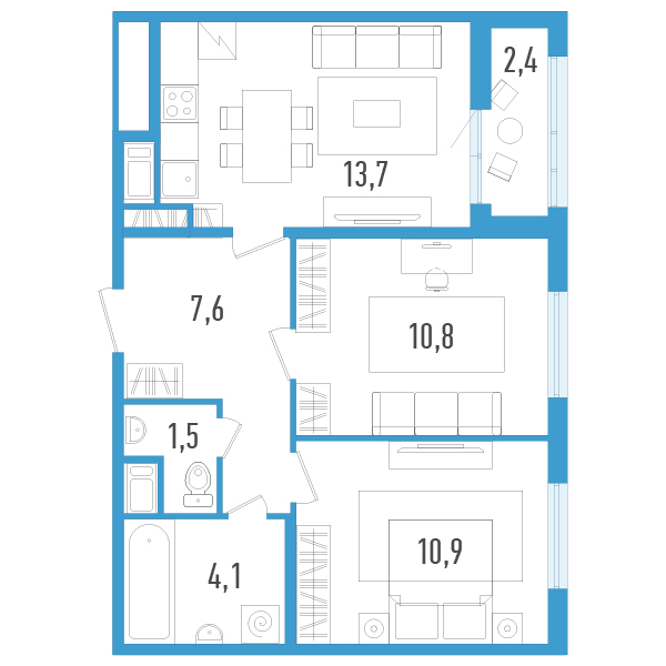 2-комнатная квартира, 49.8 м² - планировка, фото №1