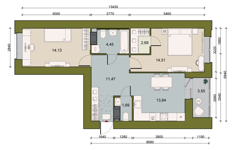 2-комнатная квартира, 65.7 м² в ЖК "Уютный" - планировка, фото №1