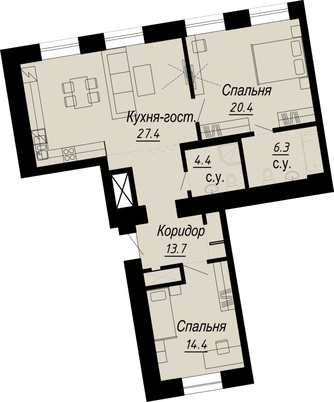 2-комнатная квартира, 86.6 м² - планировка, фото №1