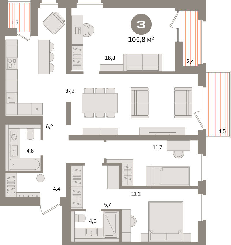 4-комнатная (Евро) квартира, 110.1 м² в ЖК "Северный ветер" - планировка, фото №1