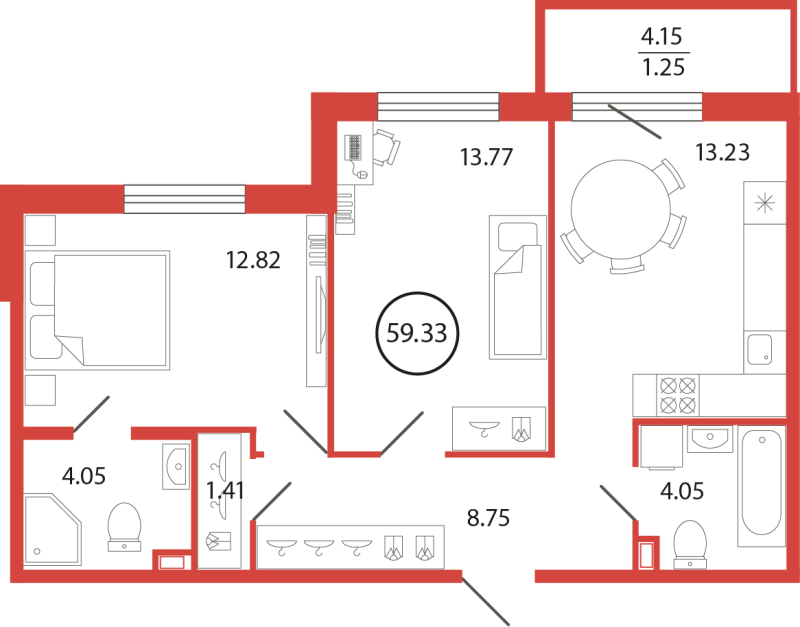2-комнатная квартира, 59.33 м² в ЖК "Энфилд" - планировка, фото №1