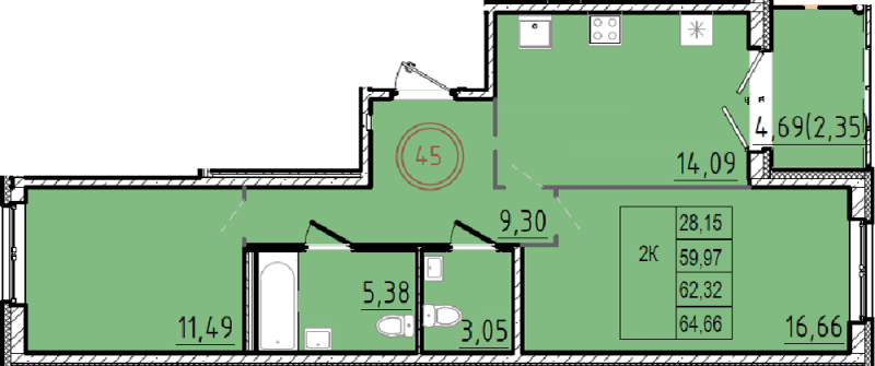 2-комнатная квартира, 59.97 м² в ЖК "Образцовый квартал 9.1" - планировка, фото №1