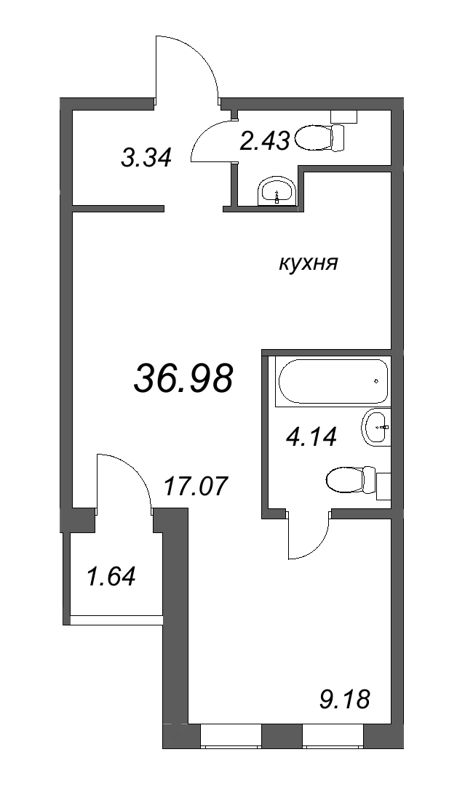 2-комнатная (Евро) квартира, 36.98 м² в ЖК "AEROCITY Club" - планировка, фото №1