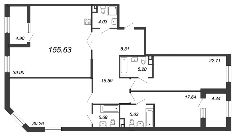3-комнатная квартира, 156.9 м² - планировка, фото №1