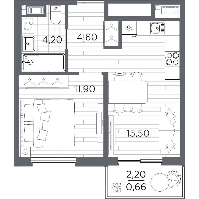 2-комнатная (Евро) квартира, 36.86 м² в ЖК "PLUS Пулковский" - планировка, фото №1