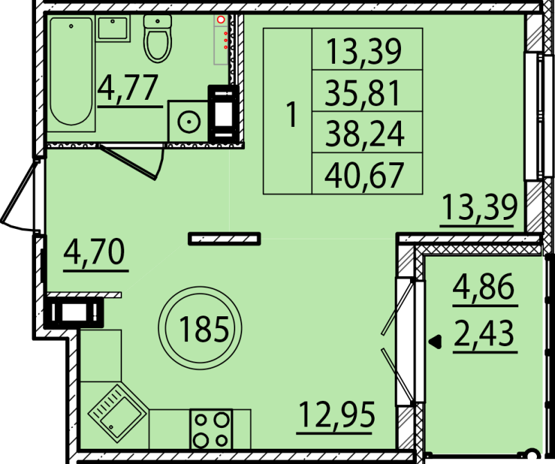 1-комнатная квартира, 35.81 м² в ЖК "Образцовый квартал 15" - планировка, фото №1