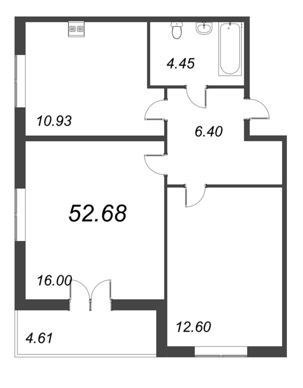 2-комнатная квартира, 52.68 м² в ЖК "Рождественский квартал" - планировка, фото №1