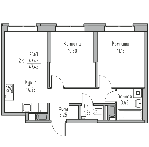 2-комнатная квартира, 47.43 м² в ЖК "Юнтолово" - планировка, фото №1