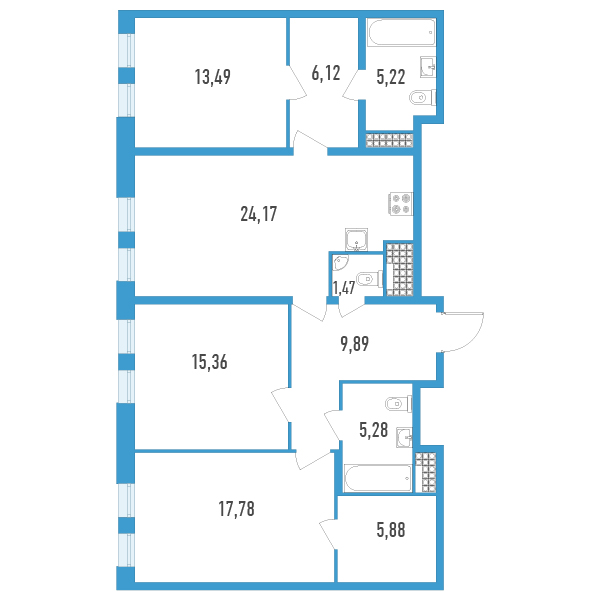 3-комнатная квартира, 104.66 м² в ЖК "Дефанс Премиум" - планировка, фото №1