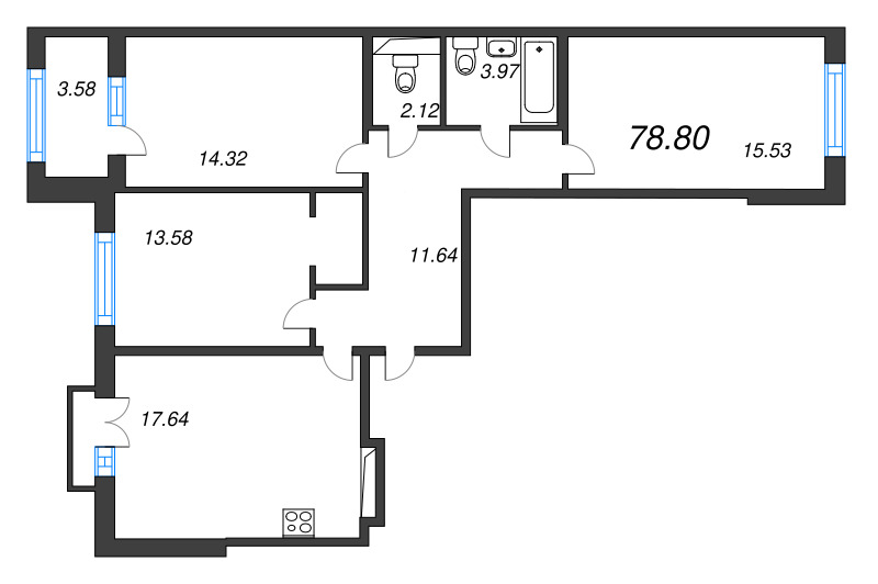 4-комнатная (Евро) квартира, 78.8 м² в ЖК "Дубровский" - планировка, фото №1