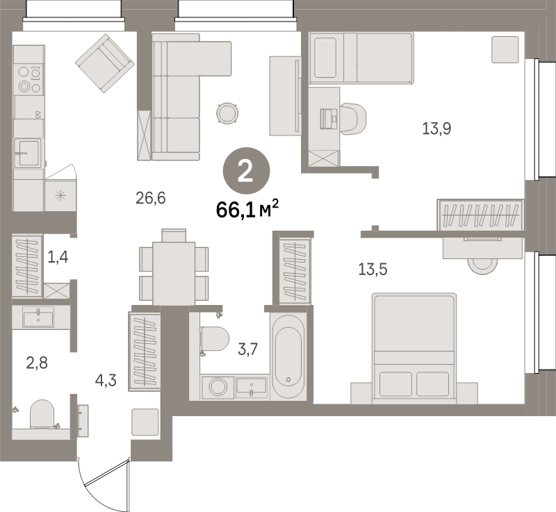 3-комнатная (Евро) квартира, 66.1 м² в ЖК "Северный ветер" - планировка, фото №1