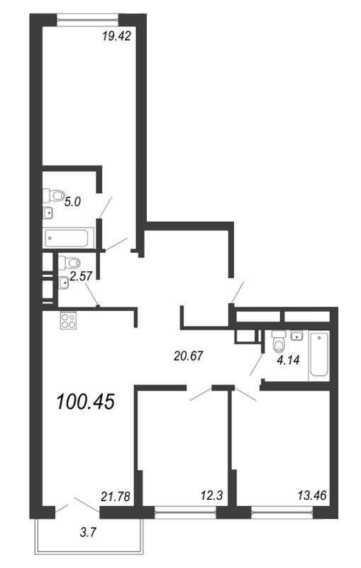 4-комнатная (Евро) квартира, 100.5 м² - планировка, фото №1
