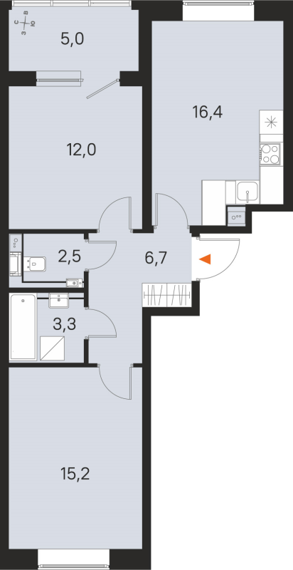 3-комнатная (Евро) квартира, 56.1 м² в ЖК "М36" - планировка, фото №1