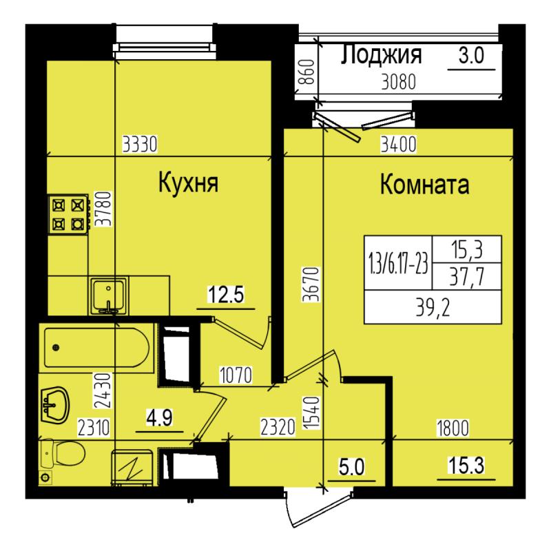 1-комнатная квартира, 39.2 м² - планировка, фото №1