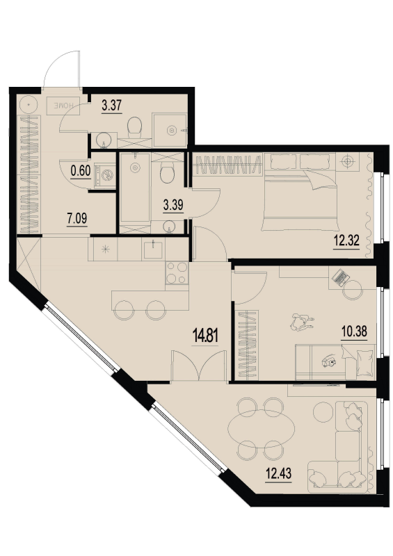 3-комнатная квартира, 64.39 м² - планировка, фото №1