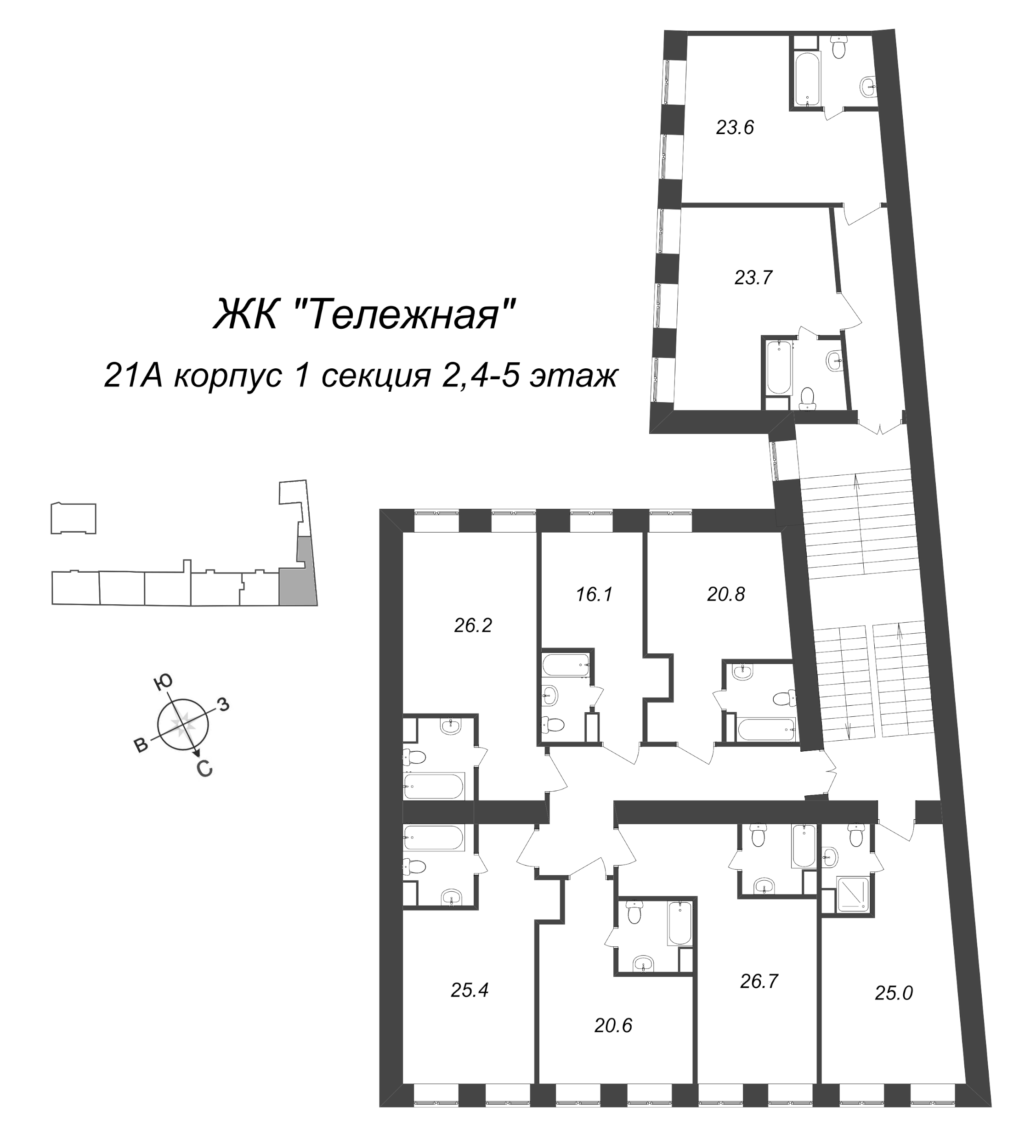 Квартира-студия, 20.8 м² в ЖК "Тележная 21-29" - планировка этажа