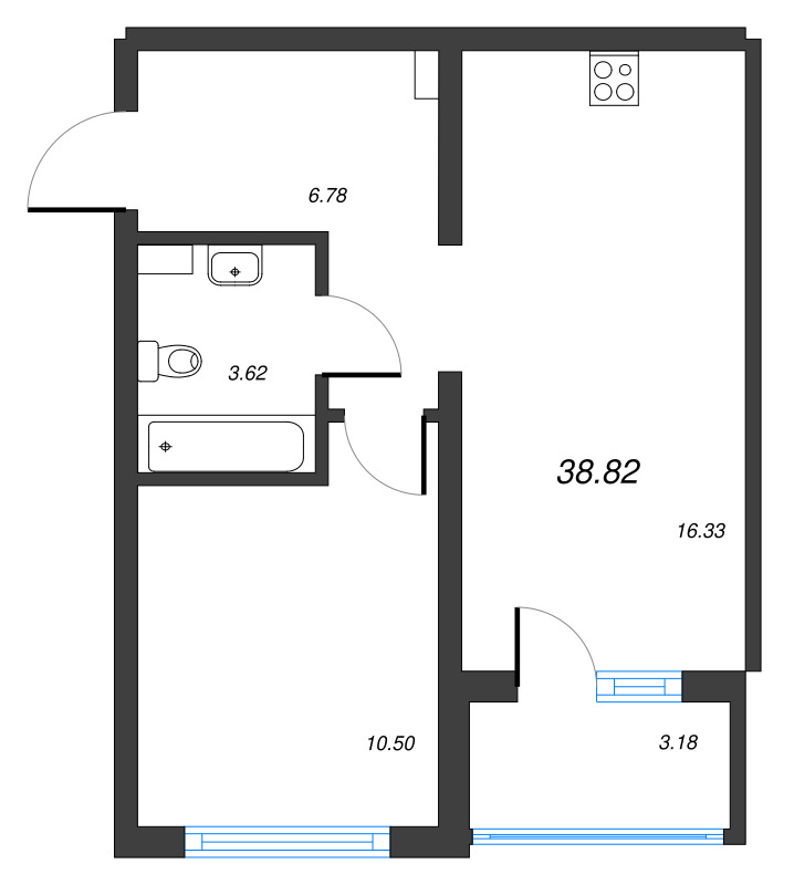 2-комнатная (Евро) квартира, 38.82 м² - планировка, фото №1
