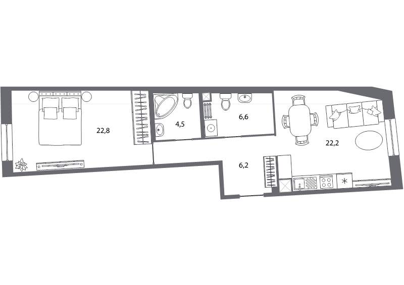 2-комнатная (Евро) квартира, 65.3 м² - планировка, фото №1