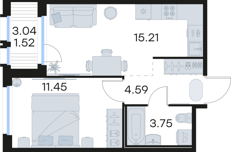 2-комнатная (Евро) квартира, 36.52 м² в ЖК "GloraX Парголово" - планировка, фото №1