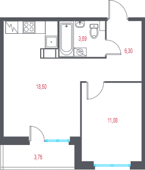 2-комнатная (Евро) квартира, 41.65 м² - планировка, фото №1