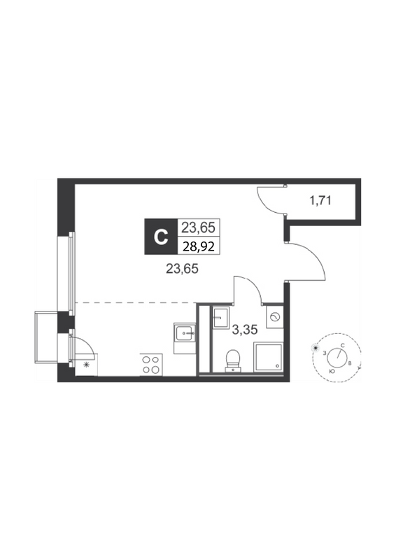 Квартира-студия, 28.92 м² в ЖК "Слобода" - планировка, фото №1