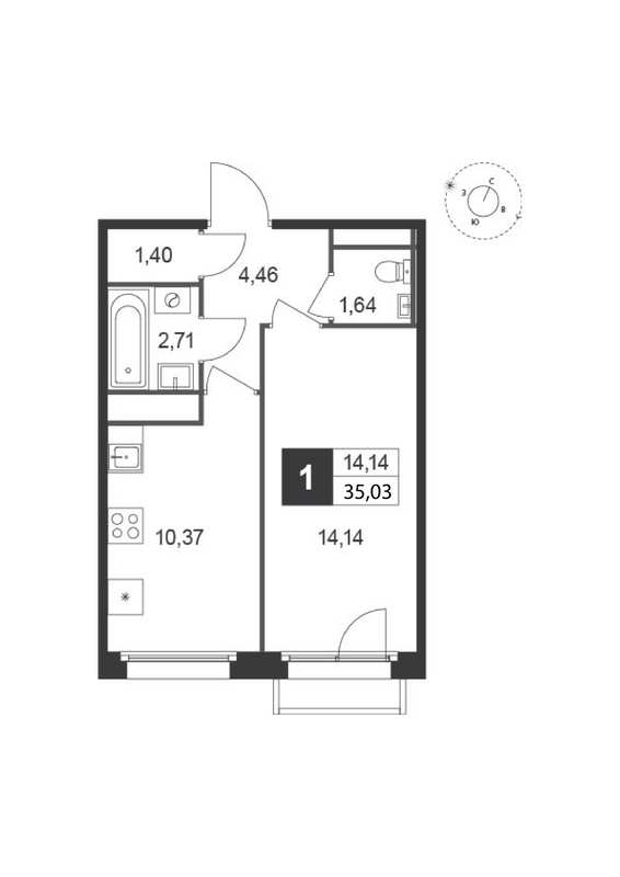 1-комнатная квартира, 35.03 м² в ЖК "Слобода" - планировка, фото №1