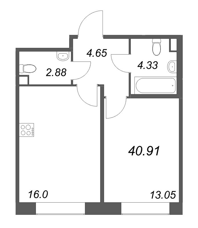 2-комнатная (Евро) квартира, 40.91 м² в ЖК "Дом на Курской" - планировка, фото №1