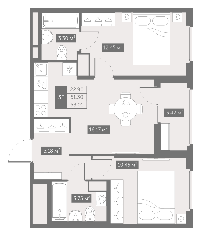 2-комнатная квартира, 53.01 м² в ЖК "UP-квартал Новый Московский" - планировка, фото №1