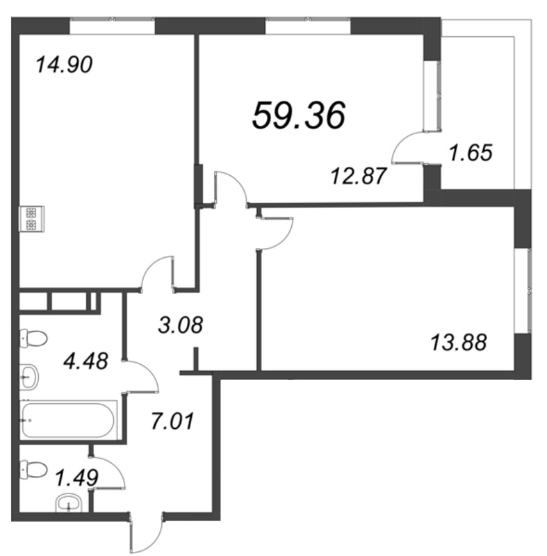 3-комнатная (Евро) квартира, 59.36 м² - планировка, фото №1