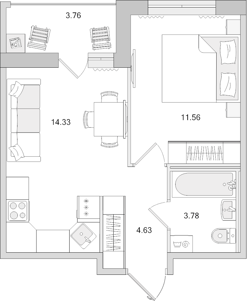 1-комнатная квартира, 38.05 м² в ЖК "Dreamline" - планировка, фото №1