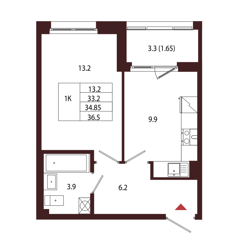 1-комнатная квартира, 34.85 м² в ЖК "Лисино" - планировка, фото №1