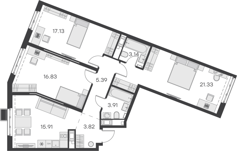 4-комнатная (Евро) квартира, 87.46 м² в ЖК "GloraX Балтийская" - планировка, фото №1