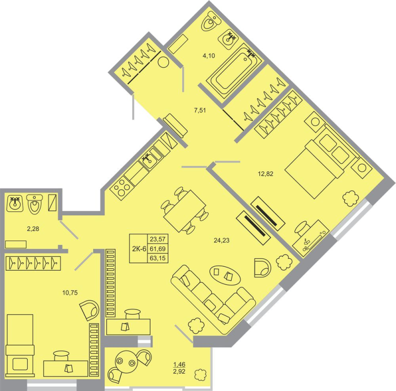 3-комнатная (Евро) квартира, 63.15 м² - планировка, фото №1