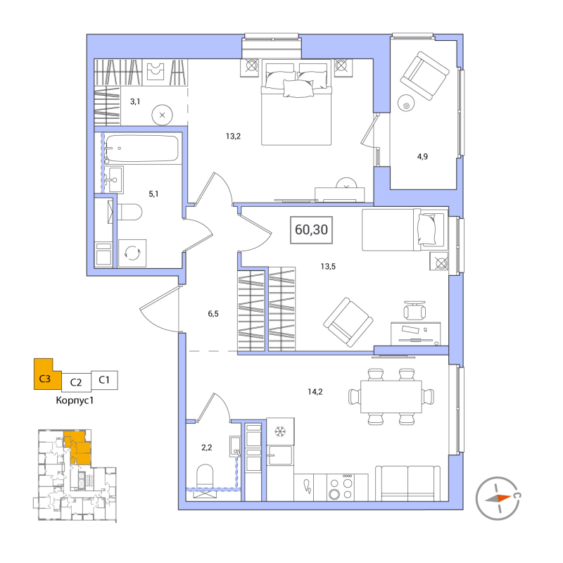 2-комнатная квартира, 60.3 м² в ЖК "Янила Форест" - планировка, фото №1