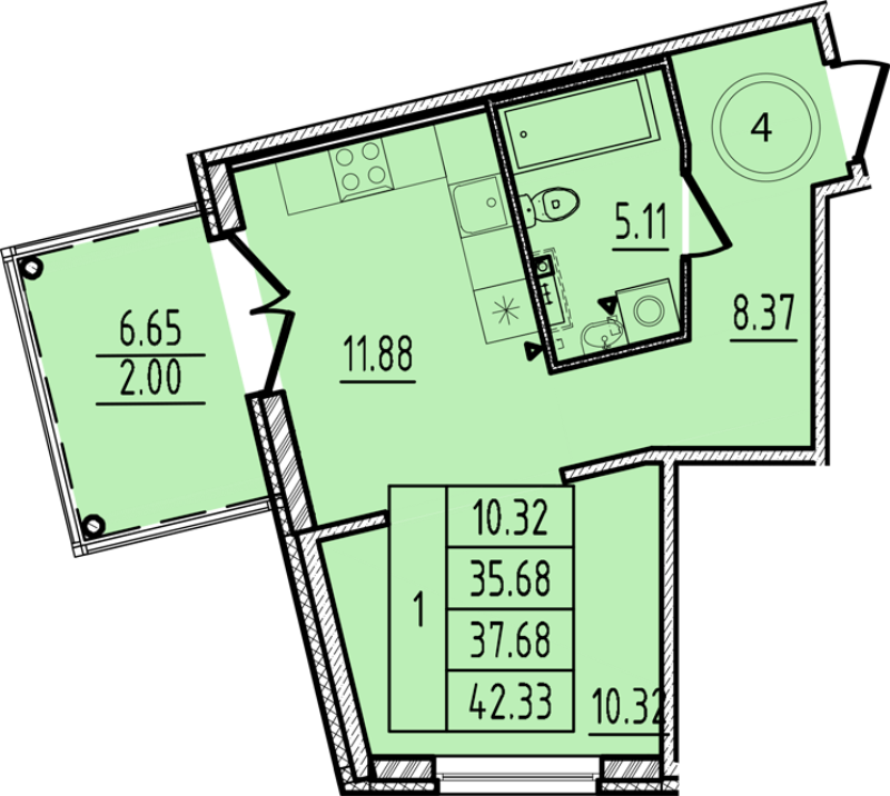1-комнатная квартира, 35.68 м² - планировка, фото №1