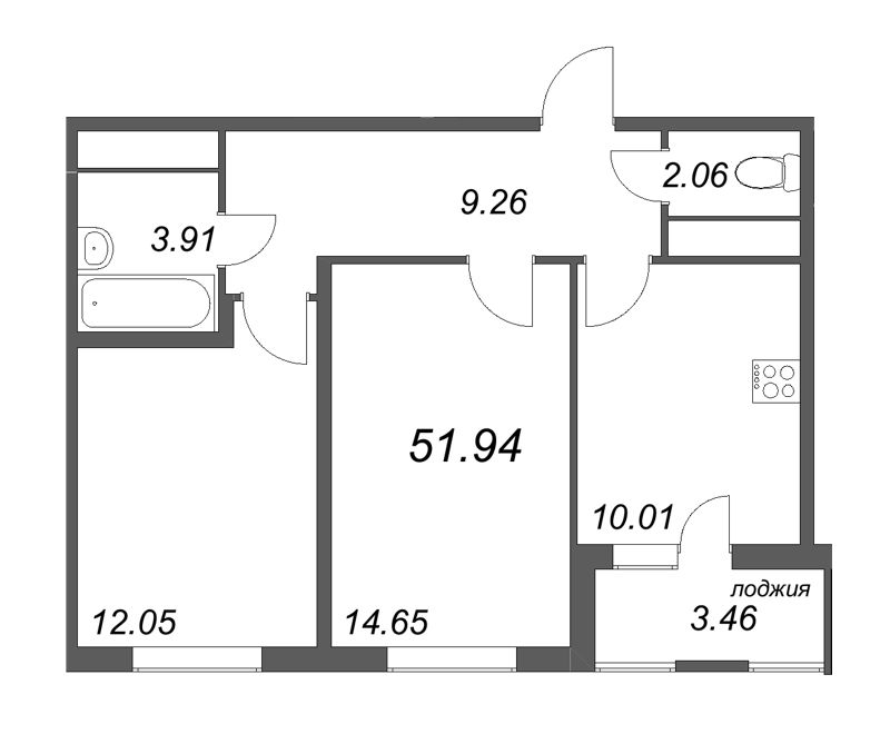 2-комнатная квартира, 51.94 м² - планировка, фото №1