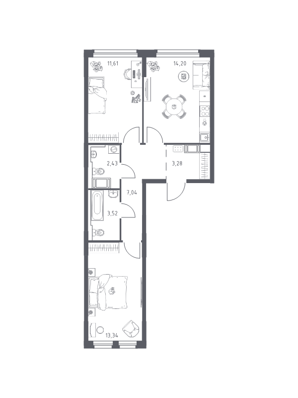 2-комнатная квартира, 55.42 м² - планировка, фото №1