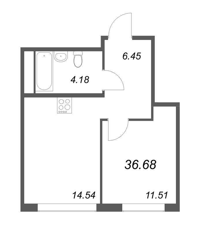 1-комнатная квартира, 36.68 м² - планировка, фото №1