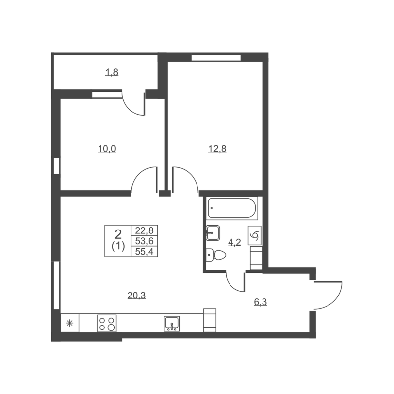 3-комнатная (Евро) квартира, 55.4 м² - планировка, фото №1
