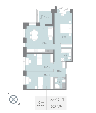 4-комнатная (Евро) квартира, 82.25 м² в ЖК "Морская набережная. SeaView" - планировка, фото №1