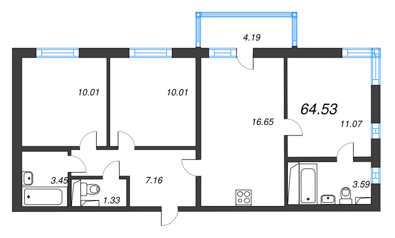 4-комнатная (Евро) квартира, 64.53 м² - планировка, фото №1