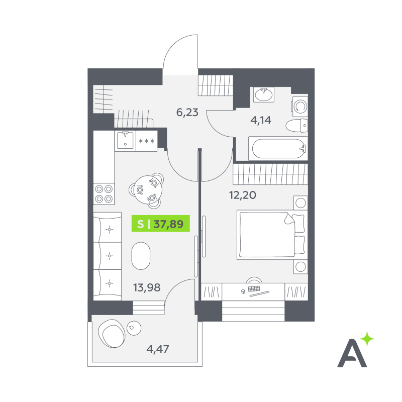 1-комнатная квартира, 37.89 м² в ЖК "Аквилон РекаПарк" - планировка, фото №1