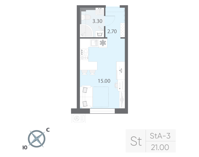 Квартира-студия, 21 м² в ЖК "Зеркальный ручей" - планировка, фото №1