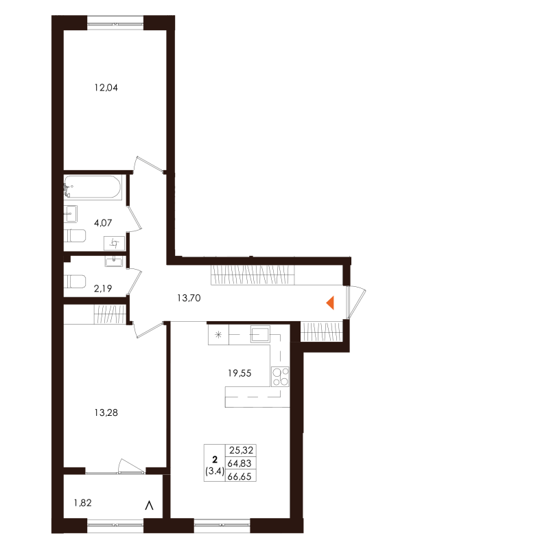3-комнатная (Евро) квартира, 66.65 м² - планировка, фото №1
