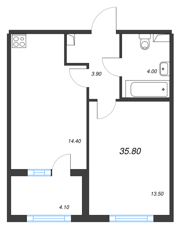 1-комнатная квартира, 35.8 м² в ЖК "ЮгТаун" - планировка, фото №1