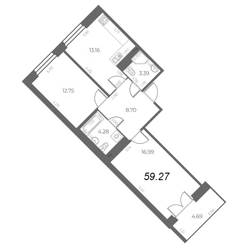 2-комнатная квартира, 61.61 м² - планировка, фото №1